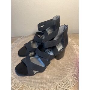New ANNE KLEIN Iflex Akdai Black Fabric Med Heel Zip Back Strappy Sandals Sz 7M